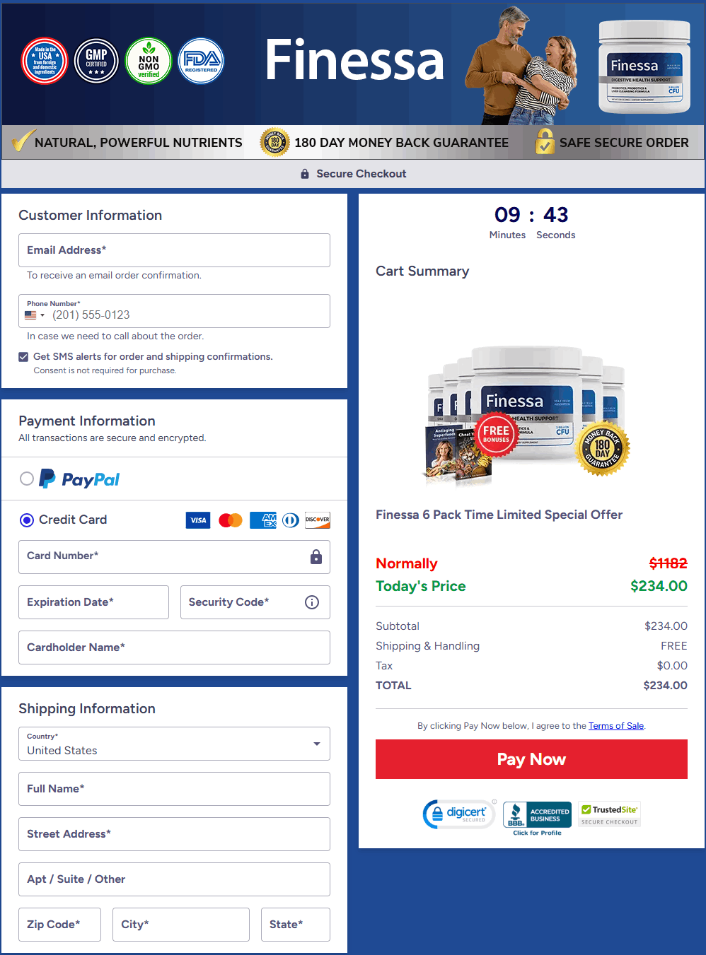 Finessa secure checkout page for placing your order